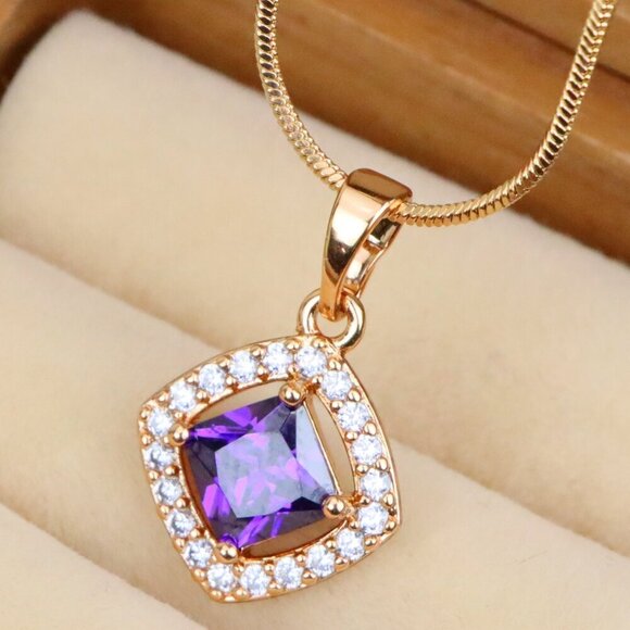 "Princess-Cut Purple Halo Pendant in Gold Plated Brass – Glam Touch, XPPT1793 - Picture 1 of 13